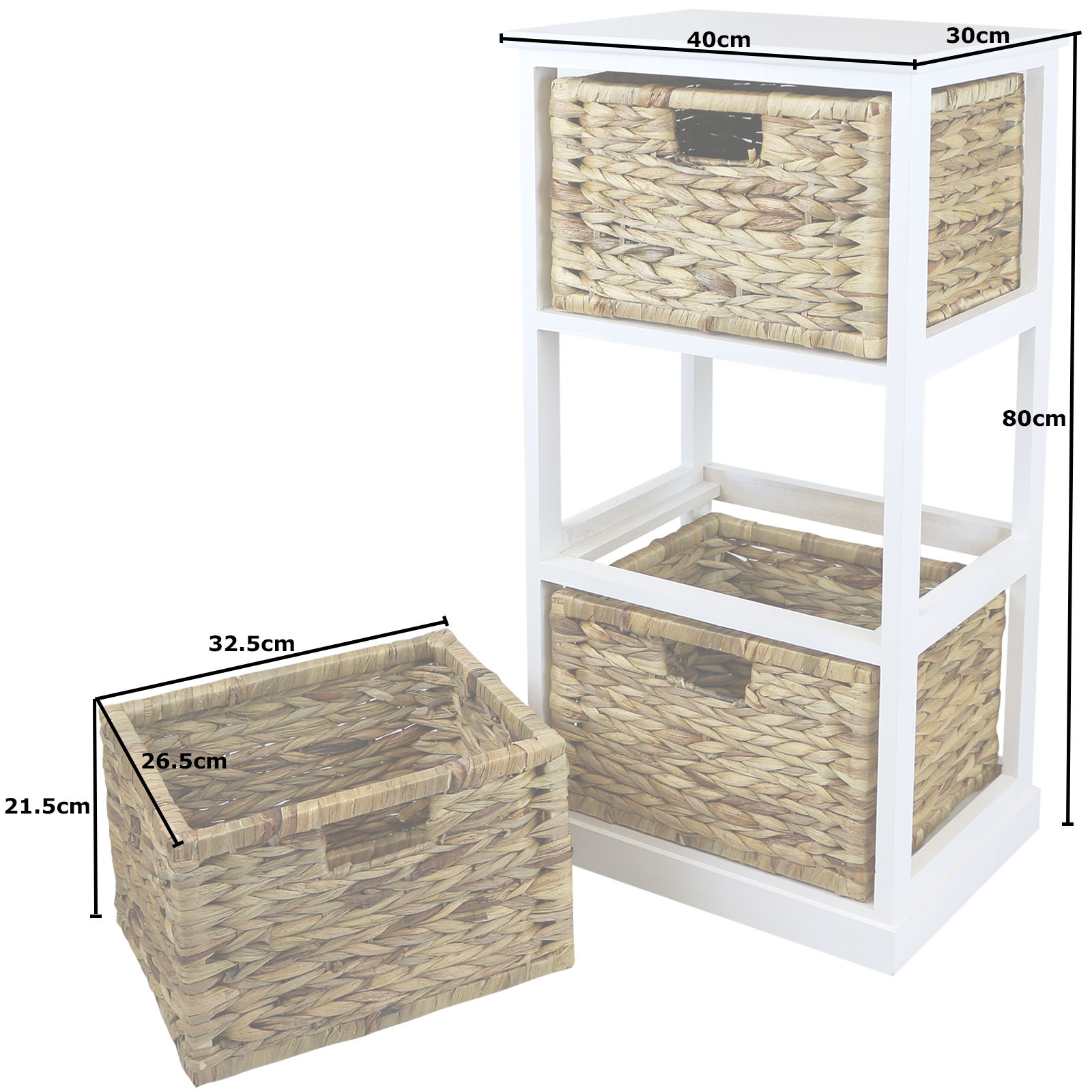 HARTLEYS WHITE 3 BASKET CHEST HOME STORAGE UNIT WICKER